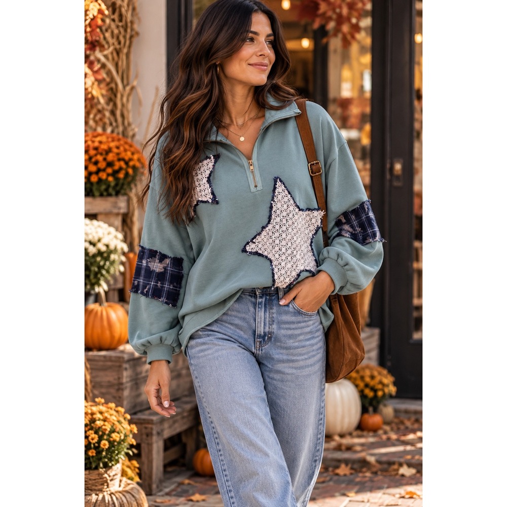 POL Clothing Star Lace Plaid Patch Quarter Zip Sweatshirt Sage Green Sz L Boho